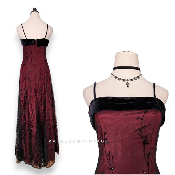 Vintage Nightway Prom Dress Maxi Gown 6 Red Black 90S Y2K Goth Floral Velvet - Picture 2 of 11